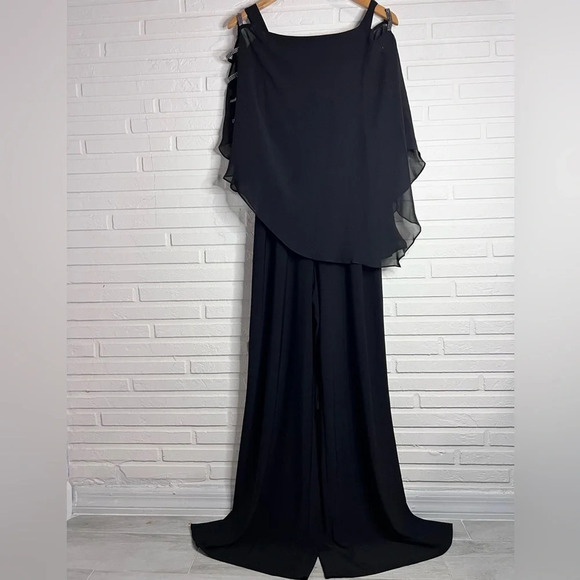 MSK Pants - MSK Black Embellished Chiffon Poncho Cold Shoulder Jumpsuit, Women’s Size Small